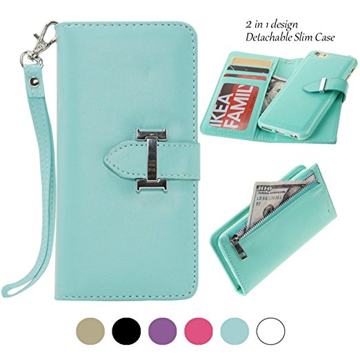 iPhone 6 Wallet Case for Women Detachable Mint Green/ iPhone 6 Detachable Zipper Wallet Purse with Card holder Strap Magnetic Slim Cover-Compatible for iPhone 6/6S 4.7 Inch Version-Weforever