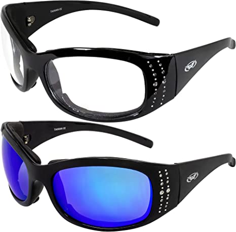 2 Pairs of Global Vision Marilyn-2 Plus Women's Padded Motorcycle Riding Sunglasses Bling Black Frames with Clear & G-Tech Blue Mirror Lenses