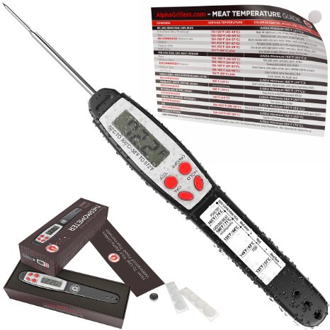 Alpha Grillers Instant Read Food Thermometer. Fully Waterproof Cooking Tool. Includes Internal Meat Temperature Guide