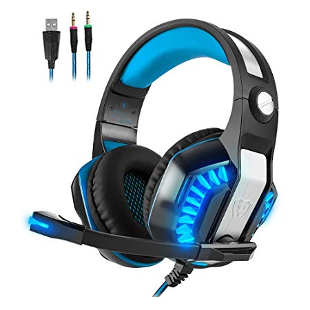 Gaming Headset for PS4 Xbox One Beexcellent GM-2 Gaming Headset with Mic-Sound Clarity,Noise Reduction Headphone with LED Lights for Computer Game,PS4,Xbox One,Laptops,Tablet,Smartphones, (Black blue)