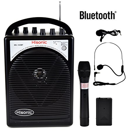 HISONIC HS122BT-HL Portable PA System with Dual Channel Wireless Microphones (One handheland and one Body Pack with headset and laverlier), Lithium Rechargeable Battery, Bluetooth Streaming Music From your Cell Phones,iPads, Android Pads and Computer, with Car Cable and Carry Bag, Black
