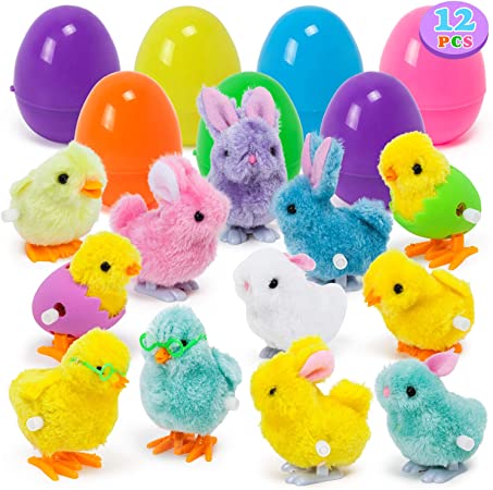 YIHONG 12 Pack Easter Eggs Filled with Wind-up Bunnies and Chicks,3.8inch Large Surprise Eggs Prefilled Toys for Easter Eggs Hunt, Easter Basket Stuffers, Easter Party Favors