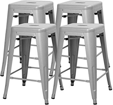 Yaheetech 24 Inches Metal Bar Stools High Backless Indoor/Outdoor Counter Height Stackable Stools Kitchen Counter Chair Island Set of 4 Silver, 331 lb