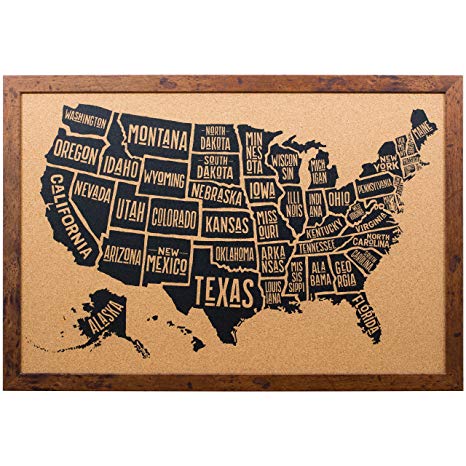 Craig Frames Wayfarer Cork Board, Typographic United States Push Pin Travel Map, Rustic Dark Walnut Frame and Pins, 20 by 30-Inch