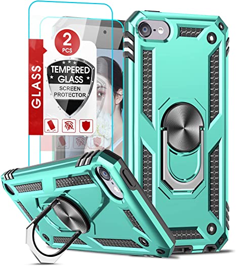 iPod Touch 7th Generation Case for Girls Boys, iPod Touch 6/Touch 5 Case with [2Pack] Tempered Glass Screen Protector, LeYi Phone Case with Ring Kickstand for Apple iPod Touch 7th/6th/5th Gen，Mint