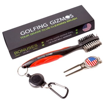 Golf Club Cleaner (Brush & Groove Spike) Plus Metal Divot Tool with US Flag Magnetic Ball Marker (3in1 Tool) Best Solution for Cleaning Club Face. Scrub Irons and Woods. Deep Clean Iron Grooves - Bag Clip & Retractable Extension Cord - High Quality Box. Perfect Gifts for Golfers - By Golfing Gizmos®