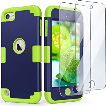 iPod Touch 7 Case with 2 Screen Protectors, iPod 6 Case, IDweel 3 in 1 Hard PC Case   Silicone Shockproof for Kids Heavy Duty Hard Case Cover for 2019 iPod Touch 7th/6th/5th Gen, Navy Blue   Green