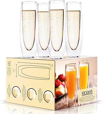 Eparé Champagne Flutes - Set of 4 - Stemless Sparkling Wine Glasses - Wine Flute - Great For Weddings and Bridal Showers