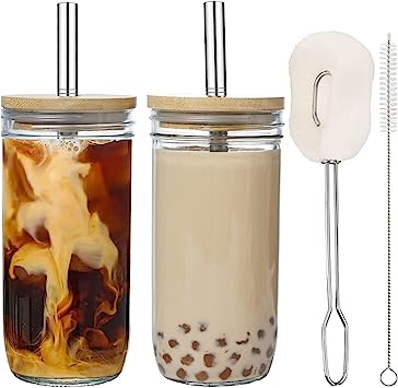 ALINK 2-Pack 24 oz Boba Cup Bubble Tea Cups, Reusable Mason Jar Cups/Wide Mouth Smoothie Cups with Wood Lids and Silver Straws, Iced Coffee Cups, Clear Tumblers Drinking Bottle with Cleaning Brush