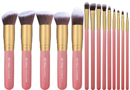 BS-MALL New 14 Pcs Premium Synthetic Kabuki Makeup Brush Set Cosmetics Foundation Blending Blush Eyeliner Face Powder Brush Makeup Brush Kit(golden Pink)