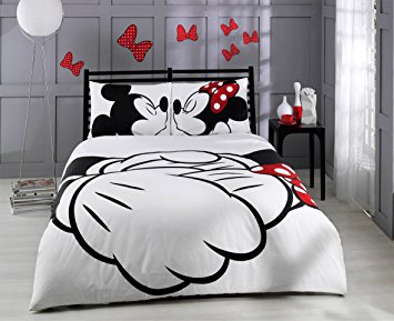 Paris Home 100% Cotton 5pcs Disney Minnie Loves Kisses Mickey Mouse Full Queen Size Comforter Set Heart Theme Bedding Linens