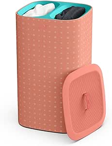 Joseph Joseph Tota Pop - 60-liter Laundry Hamper Separation Basket with lid, 2 Removable Washing Bags with Handles, Coral/Green