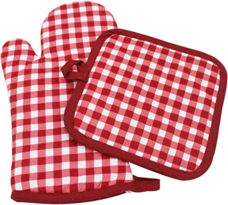 Cotton Candy Red Oven Mitten and Pot Holder Set.100% Cotton. One Pot Holder - 8"x8" and One Oven Mitts - 7"x13", Comfortable, Machine Washable, Heat Resistant.