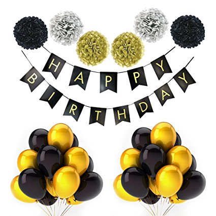 Black and Gold Party Decorations, Birthday Banner, Black& Gold Balloons, Pom Poms, Adult birthday Party Supplies for 21 st, 30th, 40th, 50th,60th ,70 th,80 th,90 th Birthday Decoration