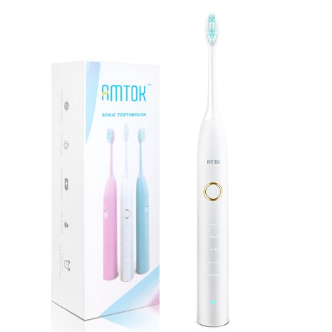 Sonic Electric Toothbrush 5 Modes IPX7 Waterproof Rechargeable Electronic Deep Clean Power Toothbrush Smart Timer Memory Function Amtok Silvery White