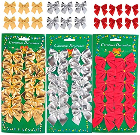SUSHAFEN 72Pcs/6Packs Christmas Tree Bow Decoration Mini Bowknot Ornaments for Christmas Tree Decoration Crafts Wedding Home Festival Gift Decoration-Red,Gold,Silver