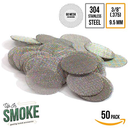 Up in Smoke Pipe Screens Made in the USA 304 Stainless Steel 3/8 inch (.375") Premium Pipe Filters (50 Pack)