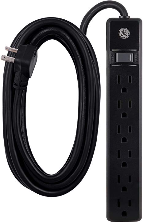 GE 6-Outlet Power Strip, 7ft. Long Extension Cord, Flat Plug, UL Listed, Warranty, Black, 37816