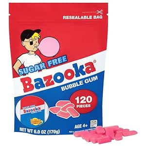 Bazooka Sugar-Free Bubble Gum Pellets Bag - 120 Count Bulk Gum, Original Flavor, Resealable Pouch Perfect for Sharing, Ideal for Parties & Vintage Themes, Nostalgic Chewy Gum