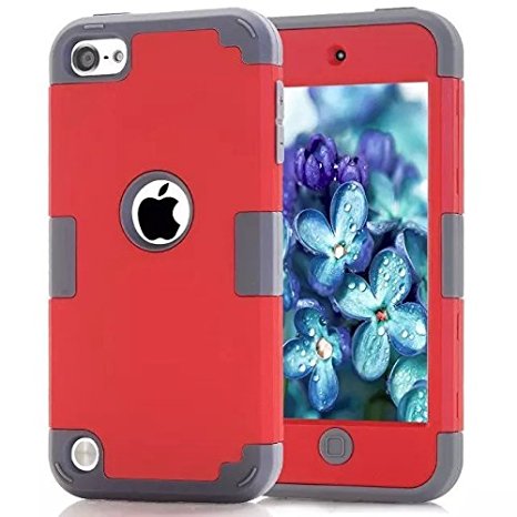iPod Touch 5 Case,iPod Touch 6 Case, Dual Layered 2in 1 Hard PC Case   Silicone Shockproof Heavy Duty High Impact Armor Hard Case Cover for Apple iPod touch 5 6th Generation (red gray)