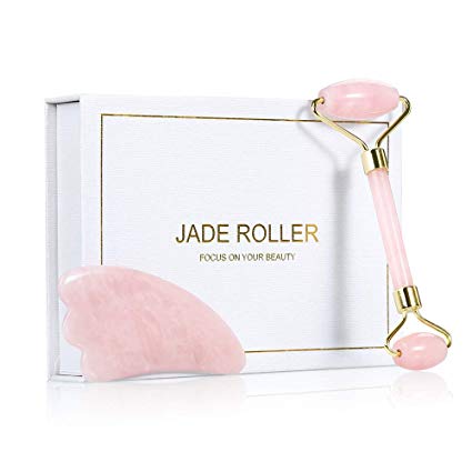 Rose Quartz Jade Roller for Face 2 in 1 Gua Sha Tools Including Rose Quartz Roller and Jade Face Massager,100% Real Natural Jade Facial Roller by HOTROSE