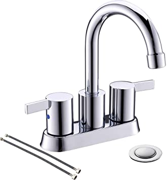 4 Inch 2 Handle Centerset Chrome Lead-Free Bathroom Faucet, with Copper Pop Up Drain and Two Water Supply Lines, BF015-1-C