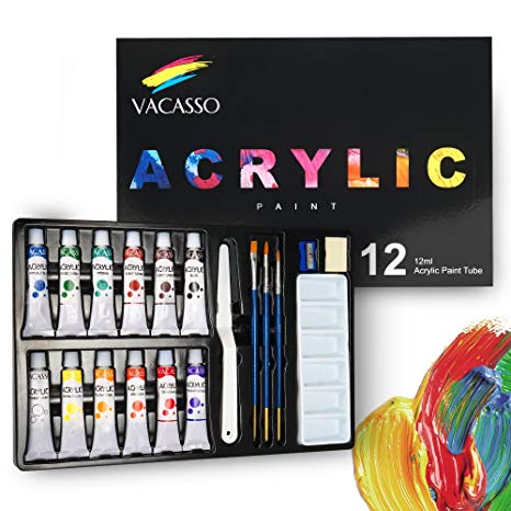 VACASSO Acrylic Paint Set with 12 Vivid Colors, Bonus 3pcs Brushes and Palette, Quality Paint Start Kit for Kids & Adults, Perfect for Art Craft Painting