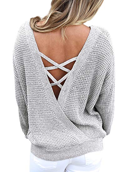 Asvivid Women's Long Sleeve Criss Cross Backless Casual Loose Knit Pullover Sweaters S-XL