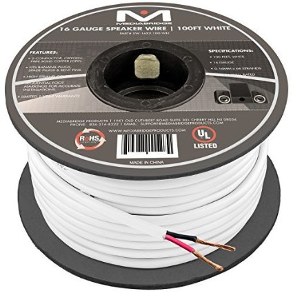 16AWG 2-Conductor Speaker Wire 100 Feet White by Mediabridge - 999 Oxygen Free Copper - UL Listed CL2 Rated for In-Wall Use Part SW-16X2-100-WH