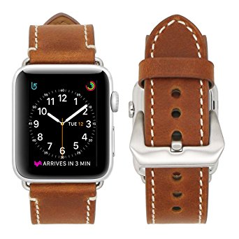 Hailan Band for Apple Watch Band Series 1 Series 2 Series 3,Retro Genuine Leather Wrist Strap Replacment Band with Large Classic Stainless Steel Buckle Clasp for iwatch,42mm,Brown