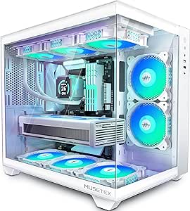 MUSETEX ATX PC Case, 5 PWM ARGB Fans Pre-Installed, 360MM RAD Support, 270° Full View Tempered Glass Gaming PC Case with Type-C, Mid Tower ATX Computer Case, White, Y6