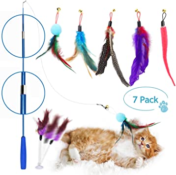 Fashion&cool Cat Feather Toys, Retractable Cat Toys Wand with 5 Attachments Worm Bird Feathers and a Teaser Wand, Interactive Feather Teaser Wand Toy Bell Kitten Cat Having Fun Exerciser Playing