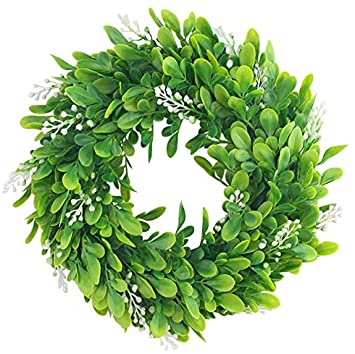 DomeStar Faux Green Wreath, 11 inch Boxwood Wreath Farmhouse Wreaths Aritificial Wreath for Front Door Wedding Window Wall Decor