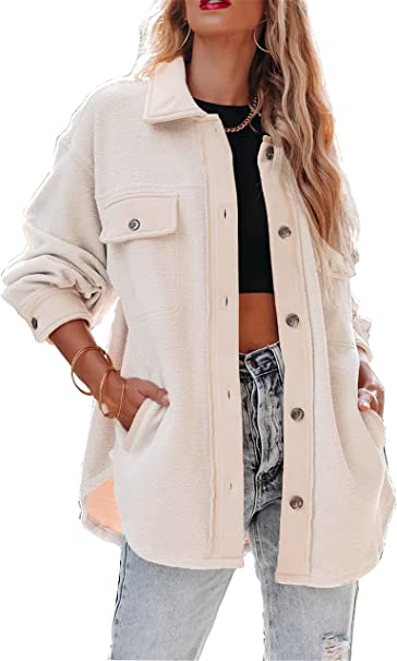 Urban Virgin Womens Causal Button Down Long Sleeve Shacket Jacket Sherpa Breasted Trench Oversized Lapel Coat