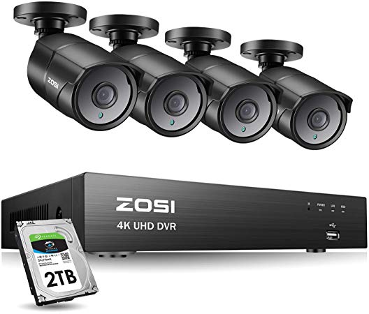 ZOSI Ultra HD 4K Outdoor Security Camera System, 8 Channel H.265  CCTV DVR with 4 x 4K (8MP) Bullet Camera Kit Weatherproof, 100ft Night Vision, 2TB Hard Drive, Remote Access