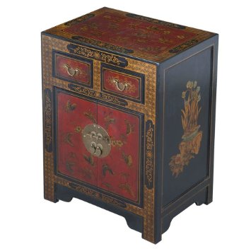 EXP Handmade Oriental Furniture 27-Inch Antique Style Black Leather End Table with Nature Motifs