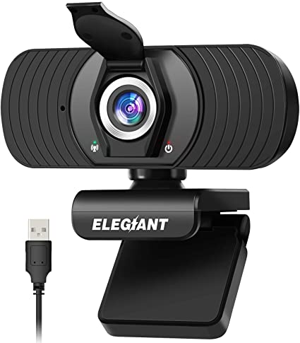1080P Business Webcam with Microphone, ELEGIANT USB HD Streaming Web Camera, Computer Webcam with Privacy Cover, Plug and Play, Compatible with Zoom Skype OBS Whatsapp Teams Online Teaching
