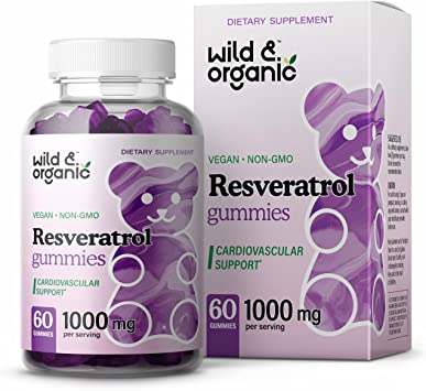 Wild & Organic Resveratrol 1000mg Gummies - Natural Supplement Against Aging - Antioxidant Support for Immune System, Heart and Brain Wellness - 60 Blueberry Flavored Chews