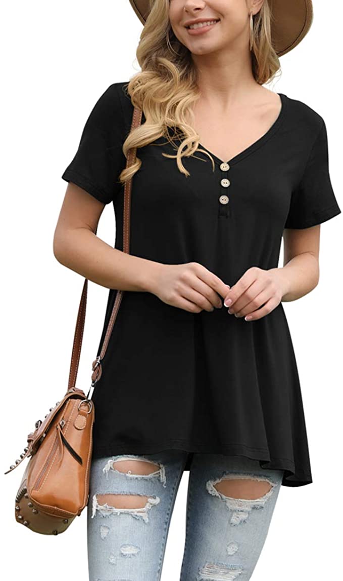 AWULIFFAN Womens Summer Short Sleeve Tunic Tops Loose Fit Casual T-Shirt Button Up Blouses