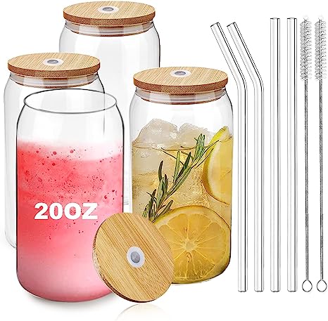 [4 Pack, 20 Oz] Design•Master Premium Can Glasses with Bamboo Lids and Glass Straws, Can Shaped Beer Glasses, Can Tumbler Glasses, Perfect for Beer, Cocktail, Iced Coffee, Iced Tea and Soda.