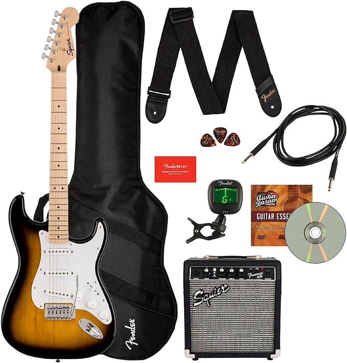 Fender Squier Sonic Strat Pack - 2-Color Sunburst Bundle with Frontman 10G Amp, Gig Bag, Tuner, Strap, Cable, Picks, Fender Play, and Austin Bazaar Guitar DVD