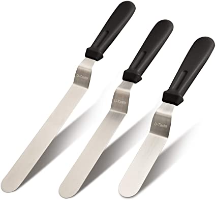 Icing Spatula, U-Taste Offset Spatula Set with 6", 8", 10" Blade, 18/0 Stainless Steel with Premium PP Plastic Handle Angled Cake Decorating Frosting Spatula Set of 3 (Black)