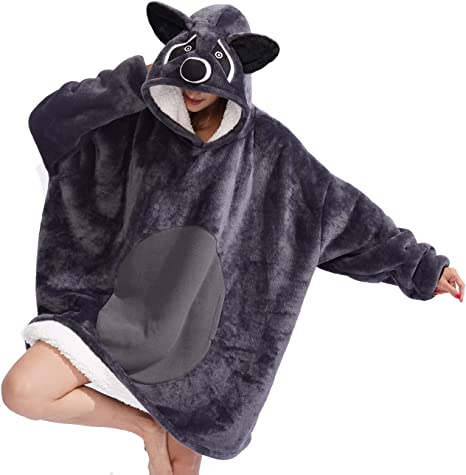 Raccoon Wearable Blanket Sweatshirt Sherpa Oversized Hoodie TV-Blanket with Sleeves and Pockets for Adults