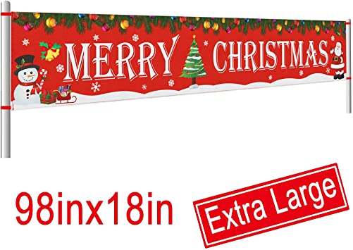 Large Merry Christmas Banner | Outdoor Red Christmas Banner Decorations | Xmas Outdoor & Indoor Hanging Decor | Christmas Holidays Party Decor Supplies (8.2 x 1.5 FT)