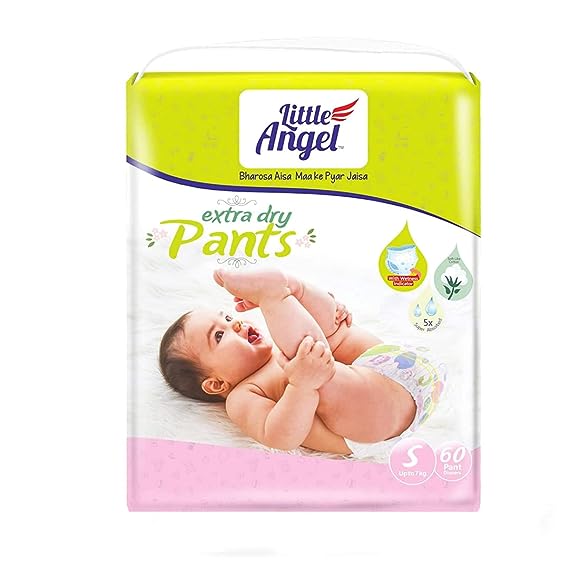 Little Angel Extra Dry Baby Pants Diaper, Small (S) Size, 60 Count, Super Absorbent Core Up to 12 Hrs. Protection, Soft Elastic Waist Grip & Wetness Indicator, Pack of 1, Upto 7kg