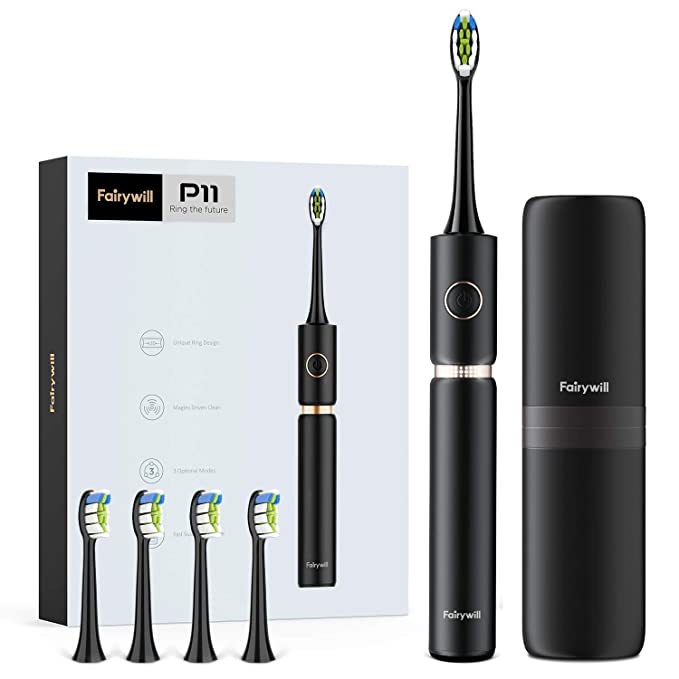 Sonic Whitening Electric Toothbrush - ADA Accepted Rechargeable Electric Toothbrush for Adults Clean, Red Dot Award 2020, Ultra Powerful 62,000 VPC Motor, 4 Heads & 1 Travel Case, Black by Fairywill