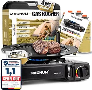 Magnum® Gaskocher mit Grillplatte inkl. 4 Gaskartuschen - robuster Campingkocher mit Gaskartusche – Gaskocher mit Kartusche 1-flammig – Campingherd stufenlos regulierbar mit Piezozündung