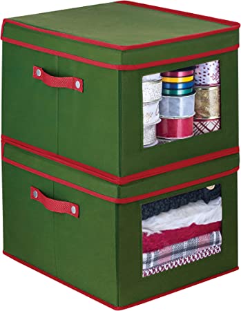 ZOBER Holiday Accessory and Decor Storage Box 2-pack with Decorative Trim, Holiday Storage Solution, Green