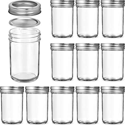 Glass Regular Mouth Mason Jars, 8 Oz Glass Jars with Metal Airtight Lids & Bands for Canning, Food Storage, Prep, Jams, Jellies, Pickles, Preserves, Overnight Oats, Spices, Salad, Drinking (12 Pack)