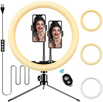 BESTOPE 12" LED Ring Light with Stand and 2 Phone Holders, Dimmable Selfie Ring Light with 3 Colors 10 Brightness, USB Powered Makeup Light Circle Light for Photography Tiktok YouTube Video